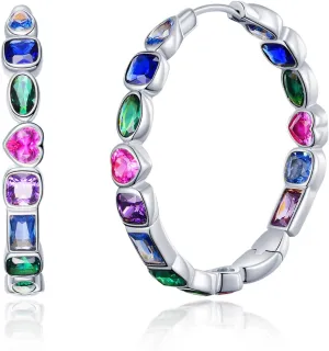 Silver Colorful Hoop Earrings 14K Gold Rose Gold Plated Cubic Zirconia Hoop Earrings for Women Colorful CZ Earrings Birthday Christmas Gifts