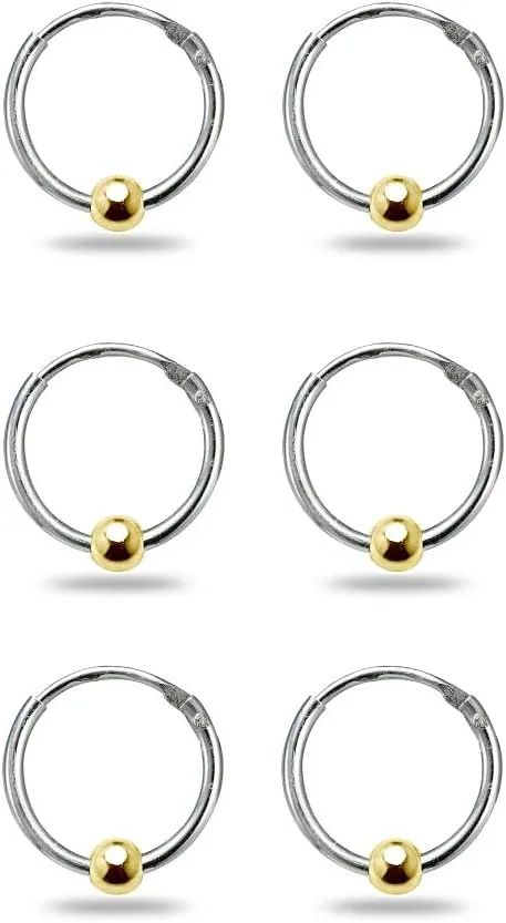 Sterling Silver Ball Bead Small Endless 10mm Thin Round Unisex Hoop Earrings for Men Women Set of 3 Pairs