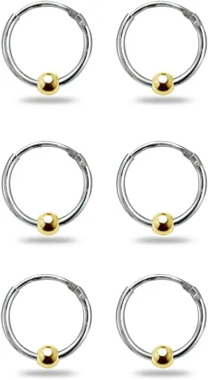 Sterling Silver Ball Bead Small Endless 10mm Thin Round Unisex Hoop Earrings for Men Women Set of 3 Pairs