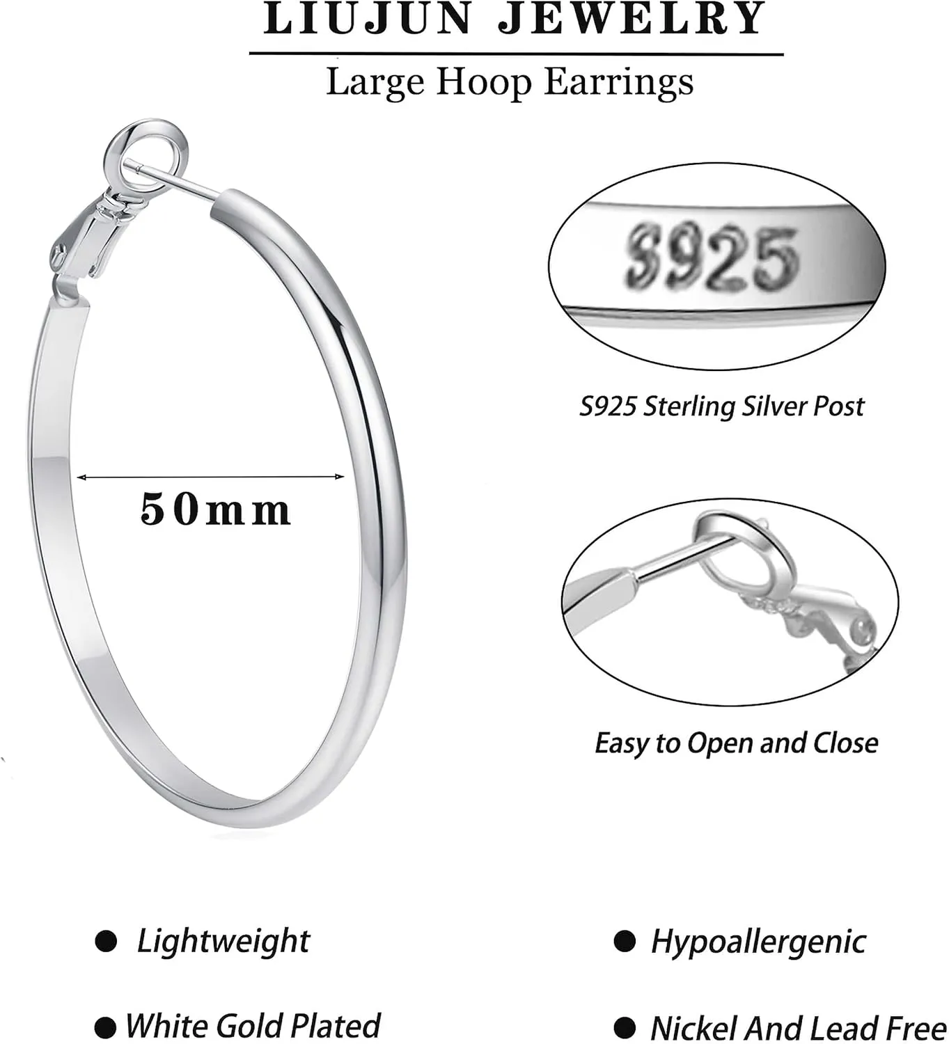 Sterling Silver Hoop Earrings for Women S925 Silver Hoop Earrings Large Silver Hoop Earrings Hypoallergenic Circle 3mm thin Hoop Oversize Big Silver Hoop Earrings