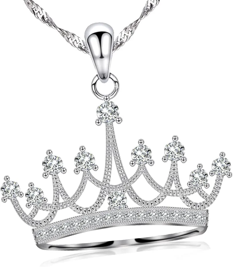 Sterling Silver Round Cubic Zirconia Crown Pendant Necklace Queen Jewelry for Mom Women with 18" Silver Chain