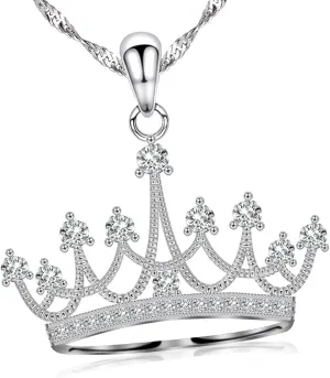 Sterling Silver Round Cubic Zirconia Crown Pendant Necklace Queen Jewelry for Mom Women with 18" Silver Chain