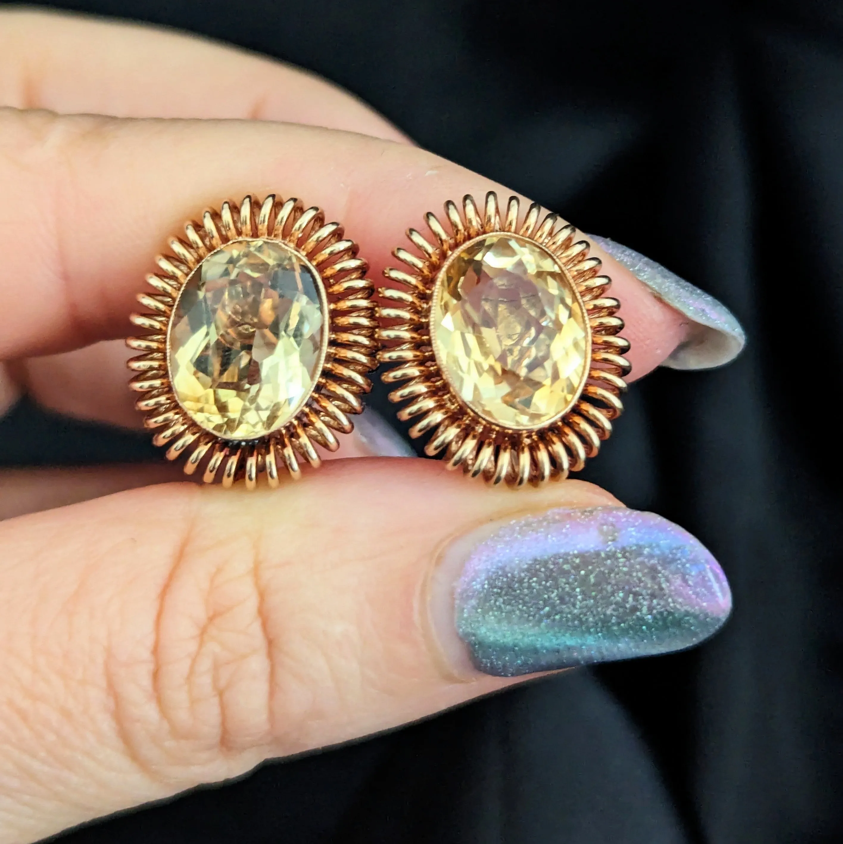 The Tenino - Retro Era Citrine 14k Gold Earrings Non Pierced Screw Backs c.1940s
