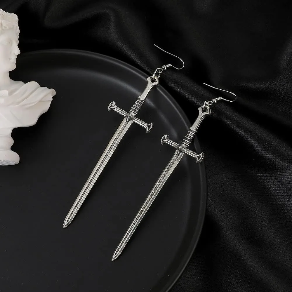 Unique Retro Gothic Black Long Sword Hook Earrings Vintage Silver Punk Style Knife Dangle Drop Earrings for Women
