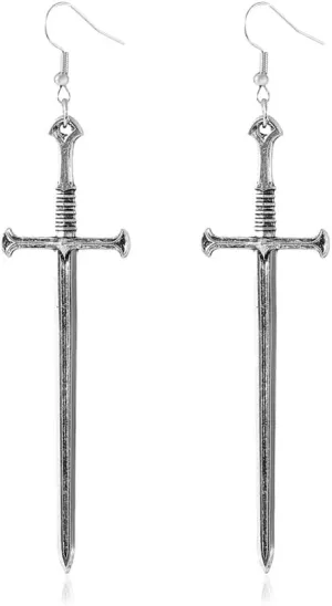 Unique Retro Gothic Black Long Sword Hook Earrings Vintage Silver Punk Style Knife Dangle Drop Earrings for Women