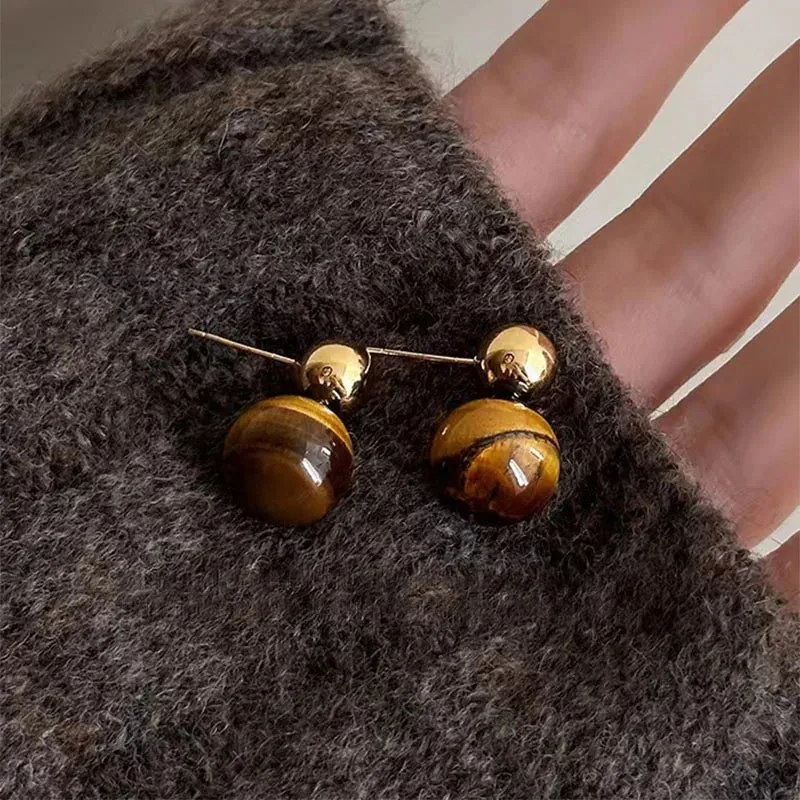 VAIGE Tiger Eye Gold Geometric Ball Circle Stud Earrings