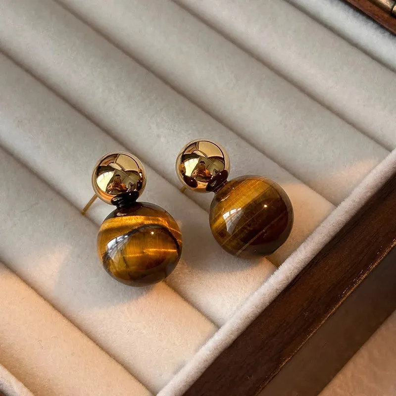 VAIGE Tiger Eye Gold Geometric Ball Circle Stud Earrings