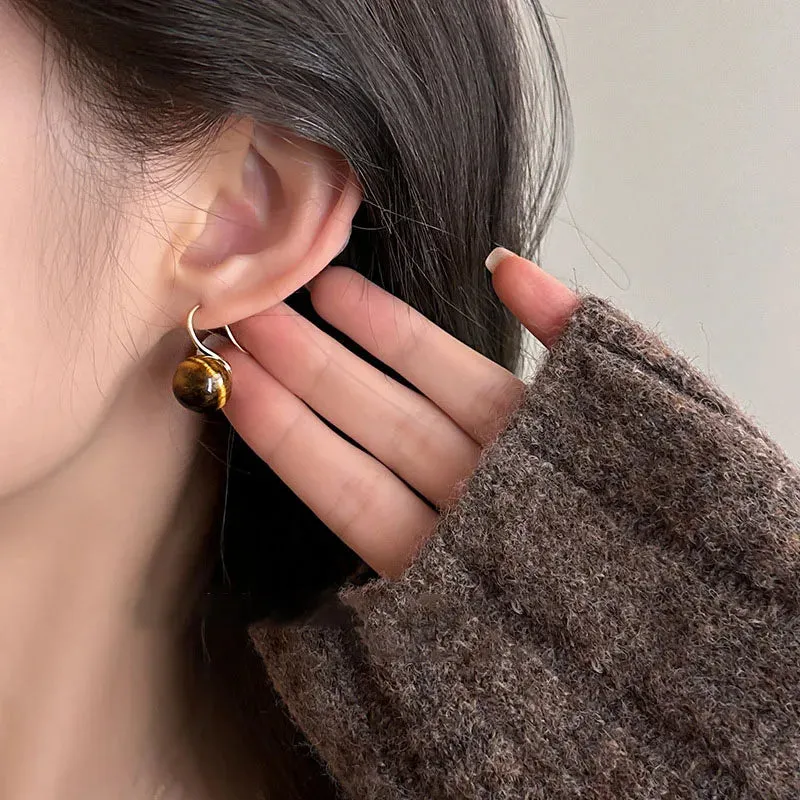 VAIGE Tiger Eye Gold Geometric Ball Circle Stud Earrings