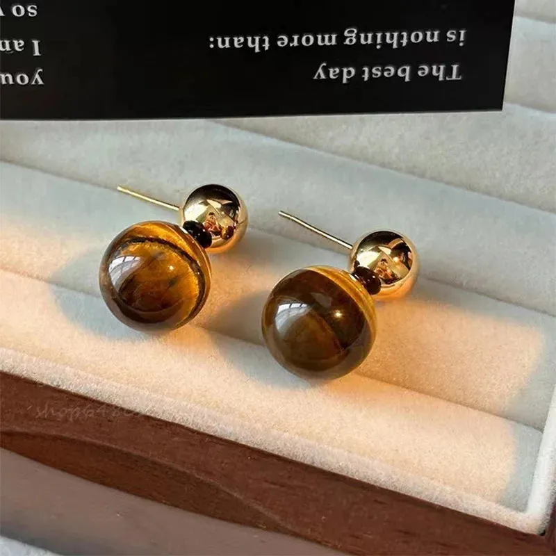 VAIGE Tiger Eye Gold Geometric Ball Circle Stud Earrings