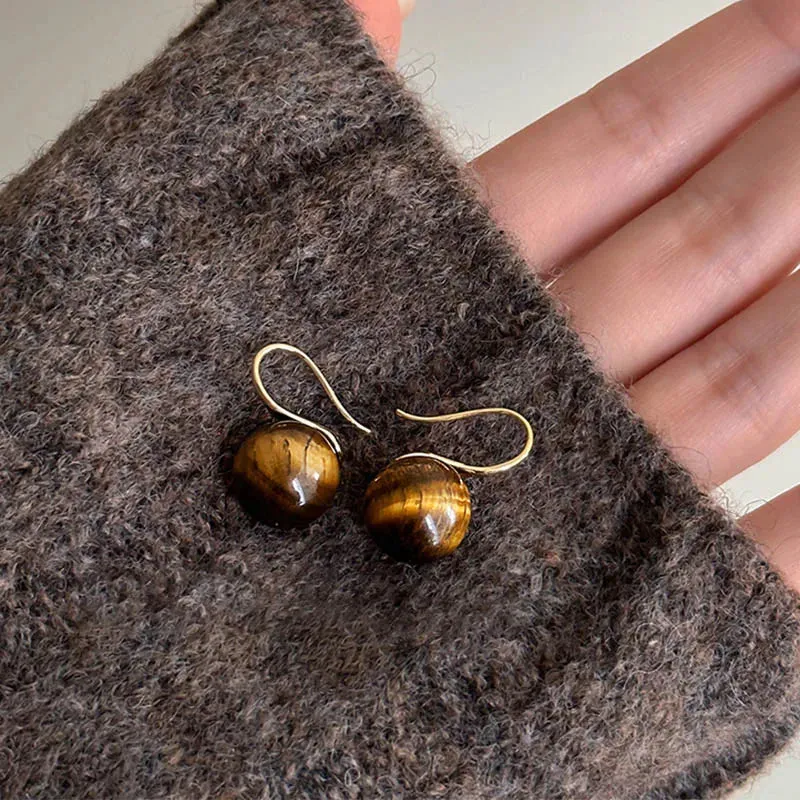 VAIGE Tiger Eye Gold Geometric Ball Circle Stud Earrings