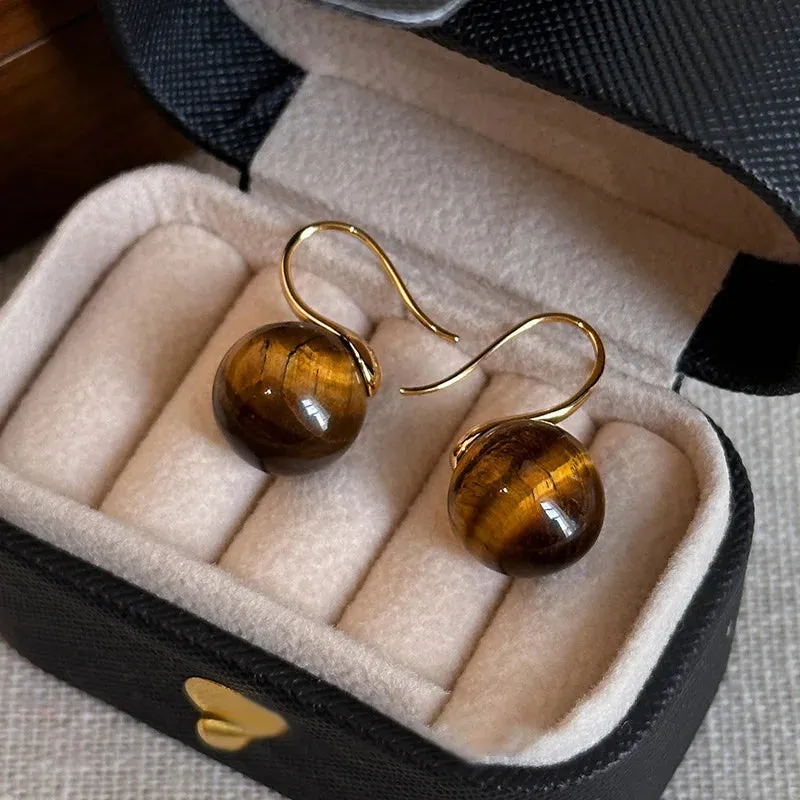 VAIGE Tiger Eye Gold Geometric Ball Circle Stud Earrings