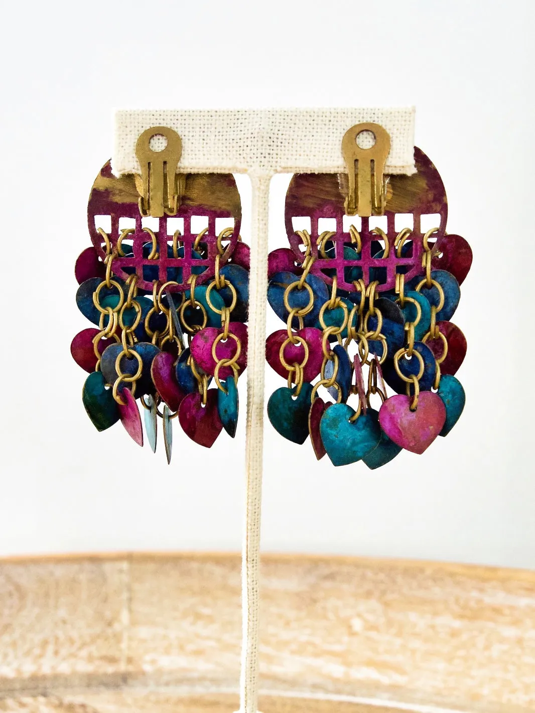 Vintage Brass Heart Charms Painted Earrings
