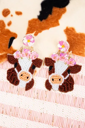 Viola Pink Petal Brown Cow Seed Bead Earrings