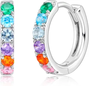 WES 925 Sterling Silver Hoop Earrings Colorful Cubic Zirconia Rainbow Hoop Earrings