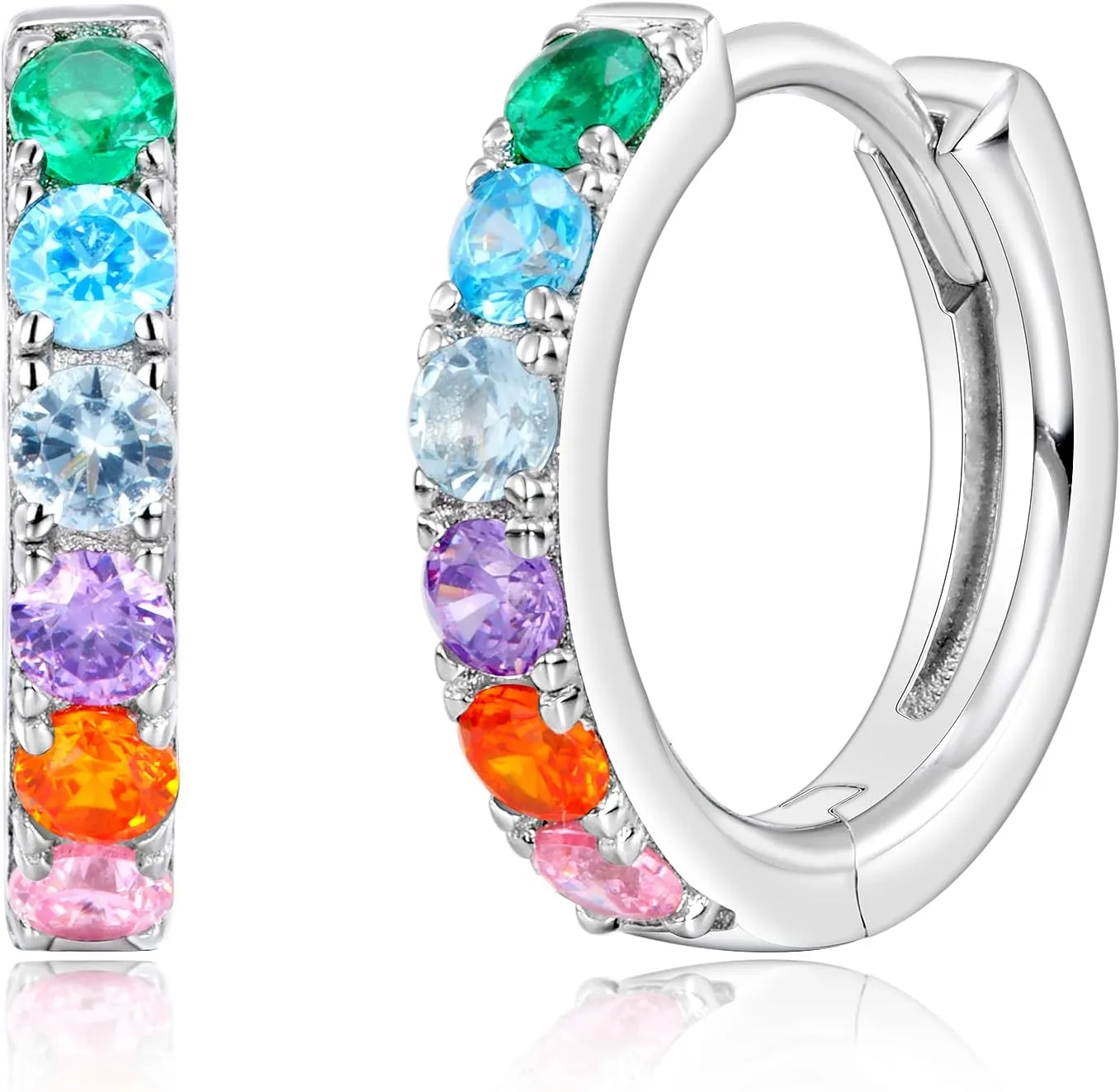 WES 925 Sterling Silver Hoop Earrings Colorful Cubic Zirconia Rainbow Hoop Earrings