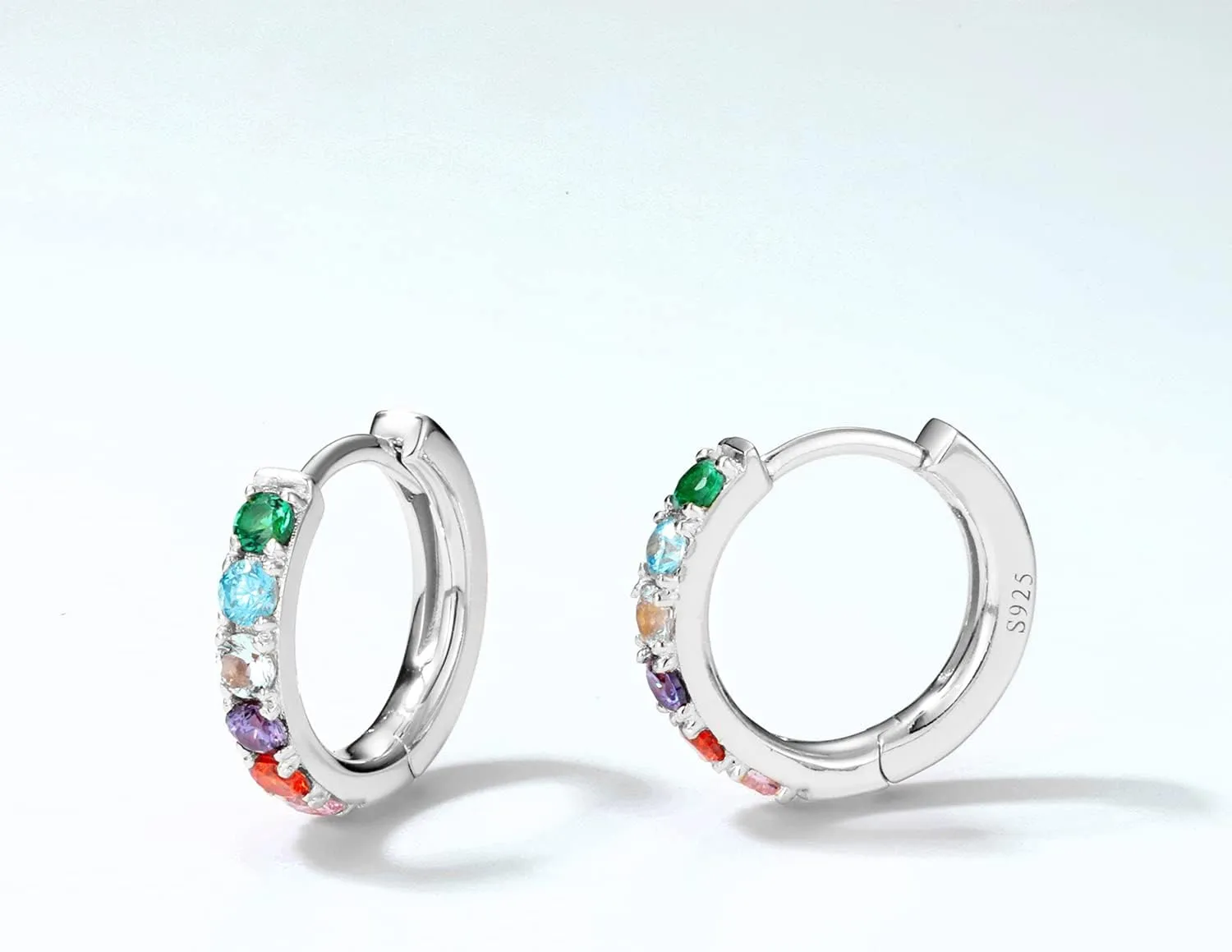 WES 925 Sterling Silver Hoop Earrings Colorful Cubic Zirconia Rainbow Hoop Earrings