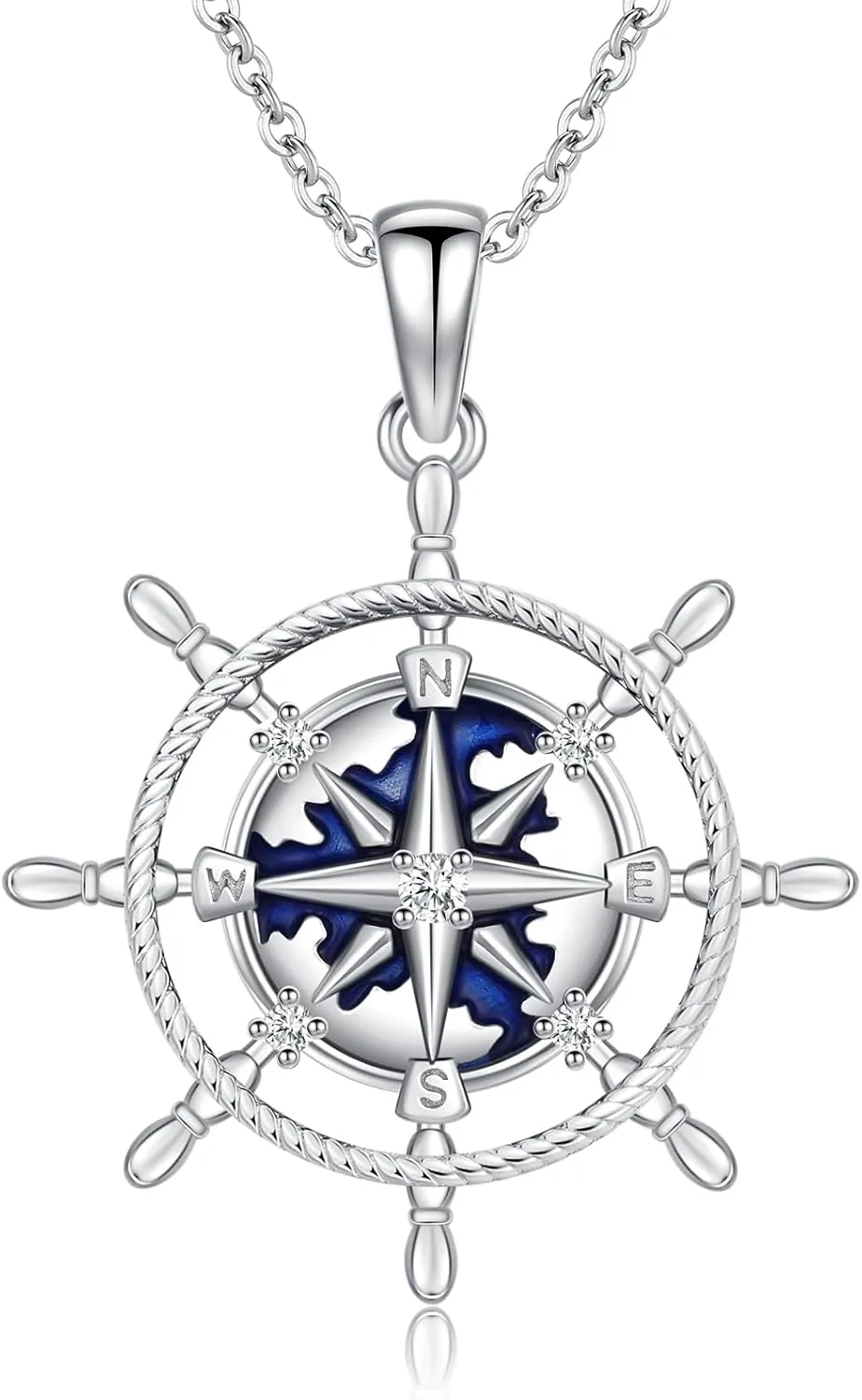 Women Compass Necklace 925 Sterling Silver Dainty Nautical Sailor Compass Pendant Necklaces Blue Enamel World Map Travelers Compass Jewelry Gifts