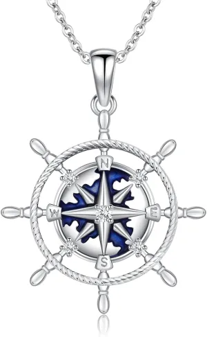 Women Compass Necklace 925 Sterling Silver Dainty Nautical Sailor Compass Pendant Necklaces Blue Enamel World Map Travelers Compass Jewelry Gifts