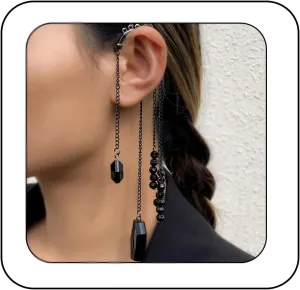 Ymqewq Kenfery Gothic Long Tassel Ear Cuff Wrap 1pcs Non-Piercing Crystal Pearl Drop Dangle Earrings Cartilage Climber Fake Clip on Earrings Punk Ear Jewelry (Style 2), Retro gold (ken-earrings-0018)